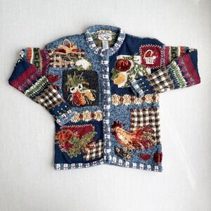 Heirloom Collectibles vtg blue chicken‎ rooster embroidered cardigan sweater M